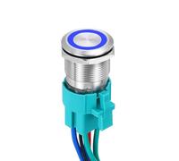 DMiotech 7/8 Inch Stainless Steel Latching Push Button Switch Flat Head 15A 12-24V Silver Shell 6 Pin with Cable Socket Blue Ring LED 2NO for Car Boat Systems Custom Setups