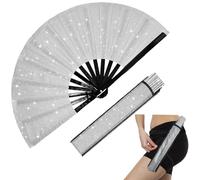 dmjuncong Large Folding Glitter Rave Fan,Clack Handheld Fan with Leg Strap and Fabric Case Bag,for Festivals,Carnival,Rainbow Outfits,Disco Party,Home Decoration and many occasions.Silvery