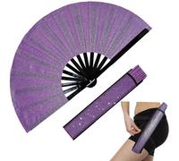 dmjuncong Large Folding Glitter Rave Fan,Clack Handheld Fan with Leg Strap and Fabric Case Bag,for Line Dancing,Festivals,Carnival,Rainbow Outfits,Disco Party,Home Decoration and many occasions.Purple