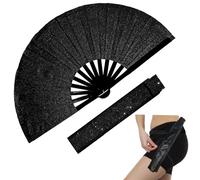 dmjuncong Large Folding Glitter Rave Fan,Clack Handheld Fan with Leg Strap and Fabric Case Bag,for Line Dancing,Festivals,Carnival,Rainbow Outfits,Disco Party,Home Decoration and Many Occasions.Black