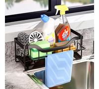 DMJWAN Kitchen Sink Caddy Organizer, 304 Stainless Steel Sponge Holder Sink Caddy for Dish Rags Brush Soap Scrubber with Auto Drain Tray (Black-b)