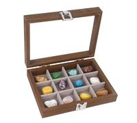 Dmnnlp 12 Grids Rock Display Case, Wooden Rock Collection Box with Clear Lid, Display Box for Collectables,Storage Cases for Small Rocks Gemstone Fossil Crystal Stone Jewellery (Dark Brown)