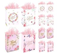 Dmnnlp 12 Pack Thank You Gift Bags, 8.3"x 6"x 3.2" Small Floral Paper Gift Bags with Tissue Paper, Presents bag for Wedding, Baby Shower, Birthday, Christmas, Teacher Appreciation