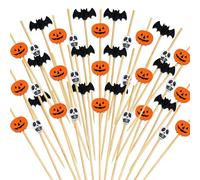 Dmnnlp 150 Counts Halloween Cocktail Sticks, 4.7in Wooden Skewers with Pumpkin Bats and Skull, Halloween Party Sticks for Appetizer Fruit Sweets Food Cake
