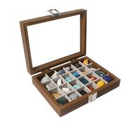 Dmnnlp 24 Grids Rock Display Case, Wooden Rock Collection Box with Clear Glass Lid, Storage Display Boxes for Collectables Gemstone Fossil Crystal Stone Jewellery (Dark Brown)