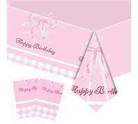 Dmnnlp 2pcs Pink Bowknot Happy Birthday Tablecloth, 274x137cm Pink Party Dining Table Cloth Plastic Table Cover for Kids Girls Women Birthday Party Decorations