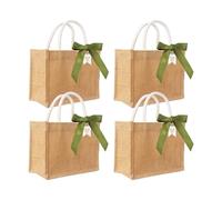 Dmnnlp 4 Pack 8.7" Small Jute Bag with Green Ribbon and Tags, Reusable Jute Burlap Bag for Wedding, Bridesmaid, Party, Shopping, Teacher Appreciation Gift