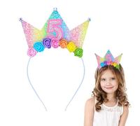 Dmnnlp 5th Birthday Headband for Girls - Sparkle Princess Crown Hairband, Kids Party Decorations, Rainbow Flower Crown Gift for 5 Year Old