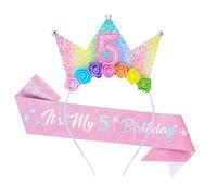 Dmnnlp 5th Birthday Headband & Glitter Sash Set, Sparkle Princess Crown Hairband, birthday decoration Gift for 5 Year Old Girl