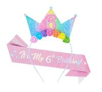 Dmnnlp 6th Birthday Headband & Glitter Sash Set, Sparkle Princess Crown Hairband, birthday decoration Gift for 6 Year Old Girl