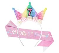 Dmnnlp 7th Birthday Decorations for Girls, Headband & Glitter Sash, Flower Princess Crown Hairband, Birthday Gift for 7 Year Old Girls