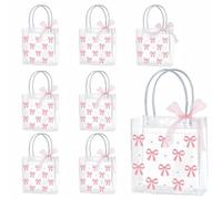 Dmnnlp 8 Pcs Pink Clear Gift Bags with Handle Pink Ribbon Bows, Reusable PVC Bow Bags, Team Bride Gift Bag, for Birthdays Weddings Hen Party Baby Shower Mother's Day Bachelorette