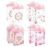 Dmnnlp 8 Pcs Thank You Gift Bags, 8.3"x 6"x 3.2" Small Floral Gift Bags with Tissue Paper, for Wedding, Baby Shower, Birthday, Christmas, Teacher Appreciation (Pink White)