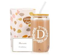 Dmnnlp A-Z Initial Personalised Gifts for Women, 16oz Iced Coffee Glass Cups with Lids, Straws, Brush & Card, Iced Coffee Birthday Gift Set for Women, Mum, Wife, Friends(D)