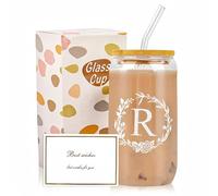 Dmnnlp A-Z Initial Personalised Gifts for Women, 16oz Iced Coffee Glass Cups with Lids, Straws, Brush & Card, Iced Coffee Birthday Gift Set for Women, Mum, Wife, Friends(R)