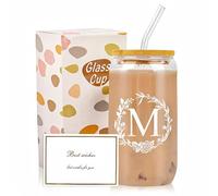 Dmnnlp A-Z Initial Personalised Gifts for Women, 16oz Iced Coffee Glass Cups with Lids, Straws, Brush & Card, Iced Coffee Birthday Gift Set for Women, Mum, Wife, Friends(M)