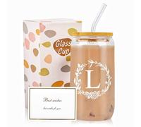 Dmnnlp A-Z Initial Personalised Gifts for Women, 16oz Iced Coffee Glass Cups with Lids, Straws, Brush & Card, Iced Coffee Birthday Gift Set for Women, Mum, Wife, Friends(L)