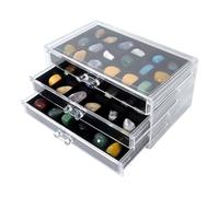 Dmnnlp Rock Display Case, 3 Drawers 54 Grids Rock Collection Box, Storage Cases for Gemstone Fossil Crystal Stone Jewellery (Black)