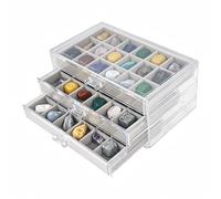 Dmnnlp Rock Display Case, 3 Drawers 54 Grids Rock Collection Box, Storage Cases for Gemstone Fossil Crystal Stone Jewellery (Grey)