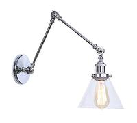 DMNSDD Swing Arm Wall Lamps, Adjustable Metal Wall Mounted Reading Lighting, Clear Glass Shade Vintage Industrial Wall Sconces for Bedroom,Chrome
