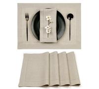 D'Moksha Homes Linen Placemats Set of 4-100% Pure Linen Natural Placemats 14 x 19 Inch - Classic Hemstitch, Washable Natural Placemats