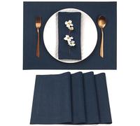 D'Moksha Homes Linen Placemats Set of 4-100% Pure Linen Navy Blue Placemats 14 x 19 Inch - Washable Navy Blue Placemats