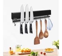 Dmore 30 cm Magnetic Knife Strip with 5 Hooks, Black Magnetic Knife Holder with Hook Rack, Extremely Self-Adhesive Magnetic Knife Holder, Includes Adhesive Tape and Screws, for Knives and Utensils