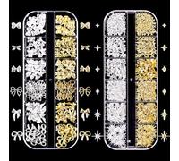 DMQ 3D Nail Charms, 2Boxes Gold Silver Bow Star Nail Gems Nail Studs, Metal Punk Alloy Rivet Stickers Bowknot Nail Rhinestones, Nail Art Decorations Accessories for Nail Design DIY Crafts