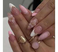 DMQ 3D Pink Press on Nails - 24Pcs Almond French Tip False Nails with Embossed Flower & Gold Bead Designs, Glossy Finish Reusable Fake Nails with Glue for Women and Girls DIY Nail Art