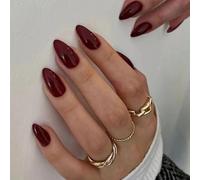 DMQ Almond False Nails Medium, 24Pcs Wine Red French Tip Press on Nails Glossy Pure Color Gel Fake Nails, Natural Burgundy Glue on Full Cover Acrylic Oval Stick on Nail for Women DIY Nail