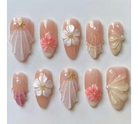 DMQ Almond French Press On Nails, Handmade Unique False Nails Medium, Oval Fake Nail with 3D Artistic Design, Thick Acrylic and Muti-Layer Gel Stick on Nails with Glue for Women Days Nails Art