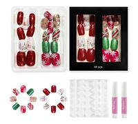 DMQ Christmas False Nails Short Set, 48Pcs Red Green Glitter Press on Nails, Square Fake Nails with Xmas Tree & Snowflake, Christmas French Stick on Nails with Nail Glue for Women Girls Nails Art
