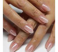 DMQ Chrome False Nails Short, 24PCS Glazed Nude Pink Press On Nails Almond, Mermaid Glitter Shine Fake Nails Set with Glue, Full Cover Stick on Nail for Women Girls Daily & Party Nail Art