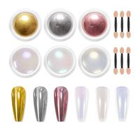 DMQ Chrome Nail Powder Set, 6Pcs White Mermaid Pearl Powder, Silver Rose Gold Metallic Nail Pigment Powder Mirror Effect, Aurora Iridescent Glazed Donut Nail Glitter for Art Design Decoration