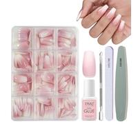 DMQ False Nails Kit with Glue, 240Pcs Natural Gradient Pink Fake Nails, Acrylic Coffin Press on Nails Pink Tips, 12 Sizes Glossy Full Cover Stick on Nail for Women Girls Manicure Art
