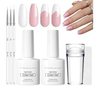 DMQ French Manicure Kit, Jelly Pink and White Gel Nail Polish, French Gel Polish Set with Nail Stamper and 3Pcs Ultra Thin Nail Art Pen, Long Lasting Soak Off UV/LED for Women Home DIY Nail Salon