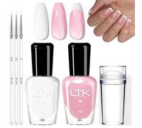 DMQ French Manicure Kit, Jelly Pink and White Nail Polish Set, Nude Pink Nail Varnish Kit with 3Pcs Nail Art Pen and Nail Stamper, Gel Nail Polish for French Tip Manicure at Home - No Need Cure
