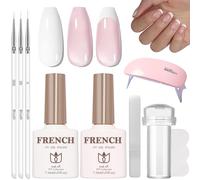 DMQ French Manicure Nail Polish Kit, Jelly Pink and White Gel Nail Polish Set, French Tip Gel Polish with UV/LED Lamp, Nail Art Pen and Nail Stamper, UV Nail Varnish Kit for Manicure Tip Nail Salon