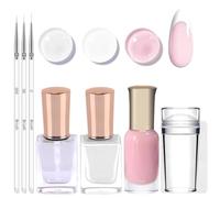 DMQ French Manicure Nail Polish Kit, Quick Dry French Nail Varnish Set with Top Coat, Nail Stamper and Ultra Thin Nail Art Pen, Jelly Pink and White Gel Polish for Women Nail Art Home - No Need Cure