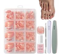 DMQ French Press on Nails for Toe, 240Pcs Square False Toenails Short, Nude Color French Tip Fake Toe Nails, Full Cover Stick on Toenails with Nail Glue for Women Girls Nail Art Manicure Decorations