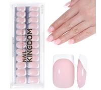 DMQ French Press on Nails Short, 32Pcs Square White Tip French False Nails, Nude Pink Fake Nails, Full Cover Stick on Nails with Glue for Girls Nail Art Manicure Decorations