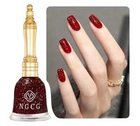 DMQ Glitter Red Nail Polish, Wine Red Glitter Nail Varnish, Long Lasting Chip Resistant & Quick Drying Burgundy Shimmer Sparkling Nail Paint Gel for Women DIY Nail Art Manicure Home - No Need Bake