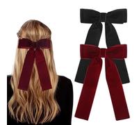 DMQ Hair Bows - 2Pcs Black Red Velvet Bow Hair Clips for Women, Solid Color Bowknot Hair Clips Barrettes with Long Ribbon, French Bow Hairpins Soft Satin Silky Hair Fastners Gifts for Women Girls