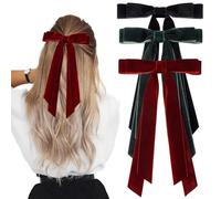 DMQ Hair Bows - 3Pcs Black Red Green Velvet Bow Hair Clips for Women, Solid Color Bowknot Hair Barrettes with Long Ribbon, French Bowknot Hair Hairpins Soft Satin Silky Hair Bows Gifts for Girls