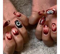 DMQ Halloween False Nails Short, 24Pcs Square Press on Nails with Blood Stain & Eyes Design, Black Red Halloween Style Fake Nails with Glue, Full Cover Stick on Nails for Women Nail Art Manicure