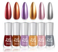 DMQ Nail Varnish Sets, 6 Colors Chrome Holographic Gold Silver Nail Polish, Quick Dry Nail Art Varnish Brown Red Metallic Sparkle Nail Paint Gel Manicure DIY Nail Art Home For Women