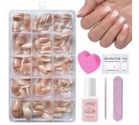 DMQ Ombre Fake Nails with Glue, 240Pcs Nude White Gradient False Nail Tips, Square Press on Nails Short, 15 Sizes Soft Gel Stick on Nail for Nail Extensions DIY