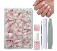 DMQ Ombre False Nails Kit with Glue, 240Pcs Natural Gradient Pink Fake Nails, Acrylic Square Press on Nails Pink Tips, 12 Sizes Glossy Full Cover Stick on Nail for Women Girls Nails Art