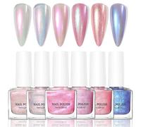 DMQ Pearl Nail Polish Set, 6 Colors Aurora Glitter Pink Nail Varnish Kit, Quick Dry Blue Shimmer Holographic Iridescent Mermaid Fingernail Polish Gel for Women Girls DIY Manicure Home - No Need Bake