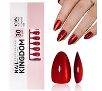 DMQ Red False Nails, 32Pcs Burgundy Cat Eye Press on Nails Short, Almond Wine Red Glitter Fake Nails, Glossy Full Cover Long Lasting Stick on Nail - Removable DIY Nail Art Gifts for Women Girls